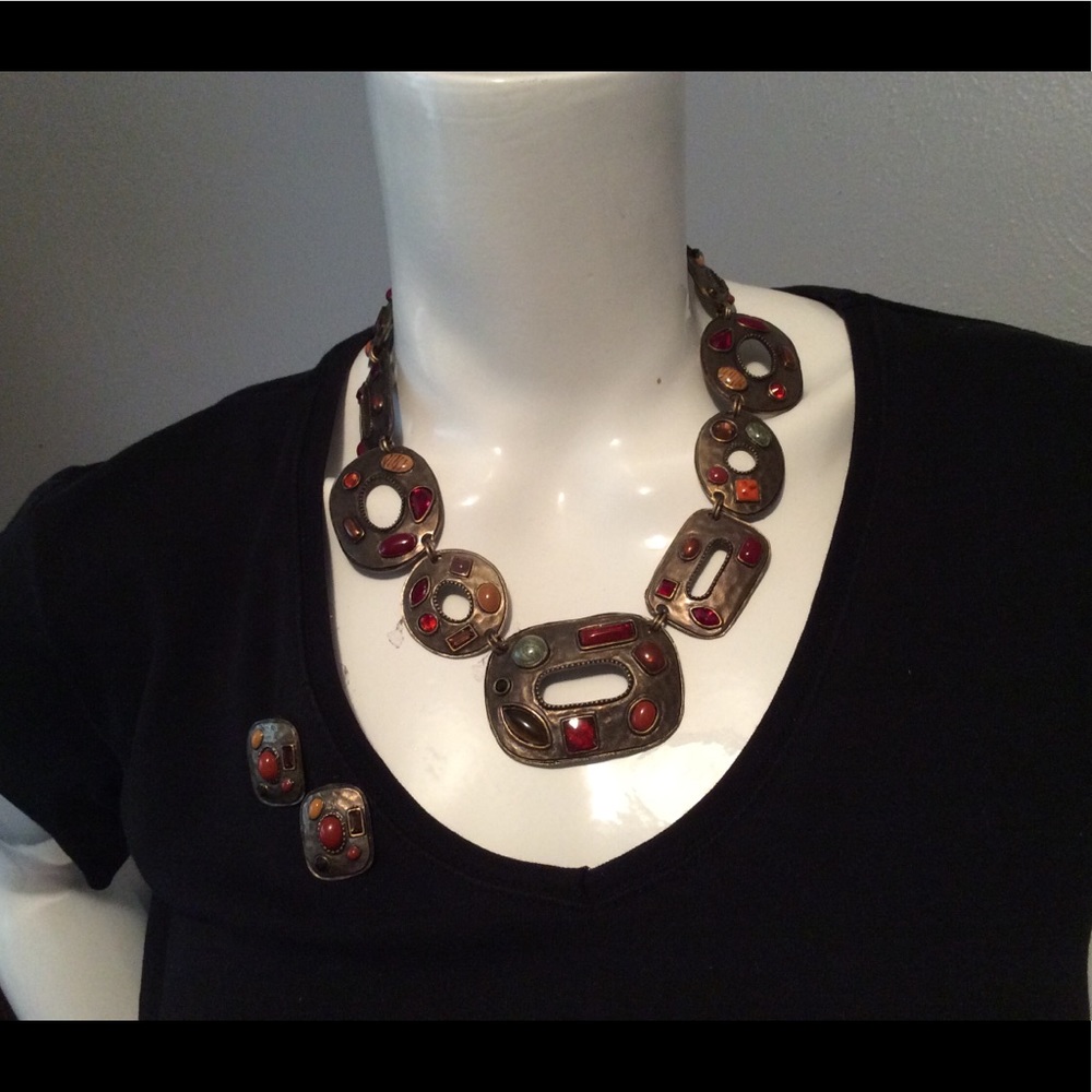 Metal and stone statement necklace and earrings
